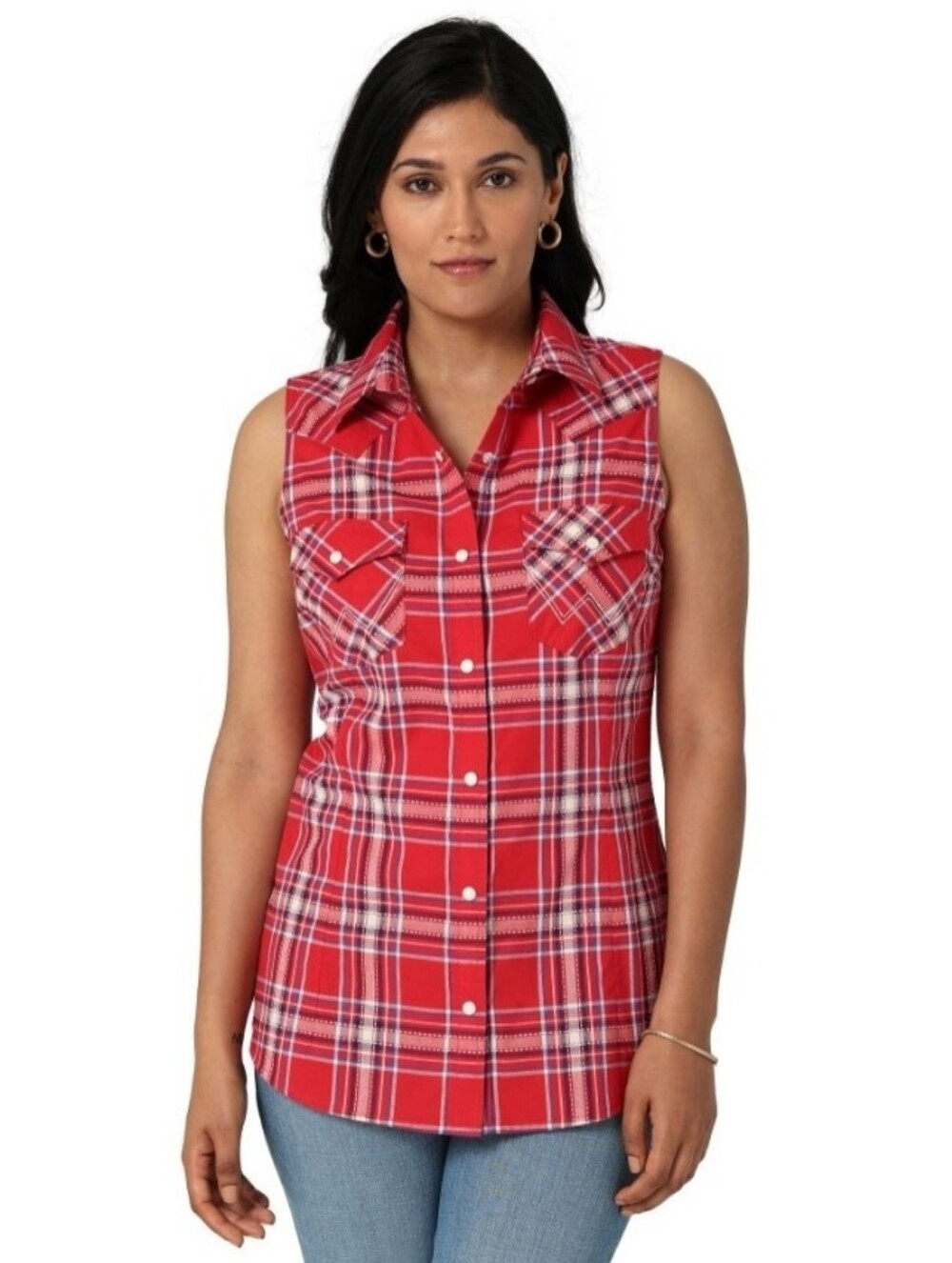 NWT Wrangler Retro Sleeveless Plaid Print Snap Western Shirt - Picture 14 of 14
